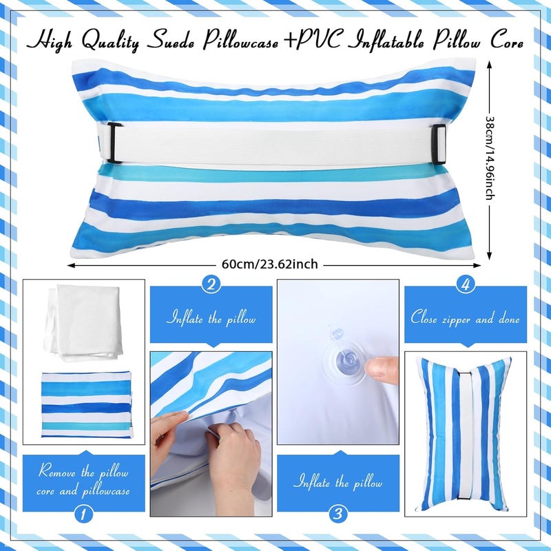 Menkxi 24"x15" Inflatable Beach Pillow with Removable Cover, Beach Chair Backpacking Pillow with Strap Stripe for Summer Sand Pools Travel Vacations(Blue White) - Image 3